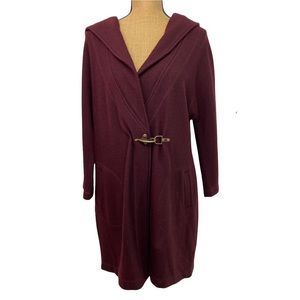 Kenar 100% Wool Cardigan Sweater Size Medium Dark Red One Clip Pockets Hoodie.